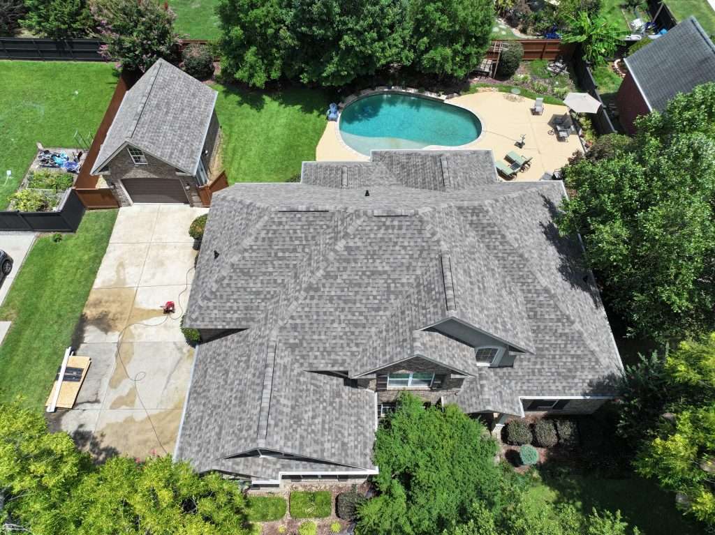 Aerial view of completed roof replacement in Warner Robins, GA by Ridgeback Roofing