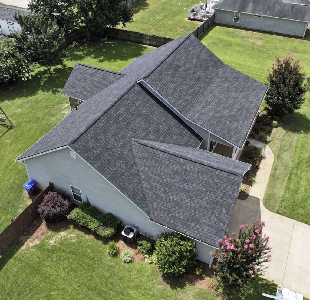 Aerial view of completed roof replacement in Warner Robins, GA by Ridgeback Roofing