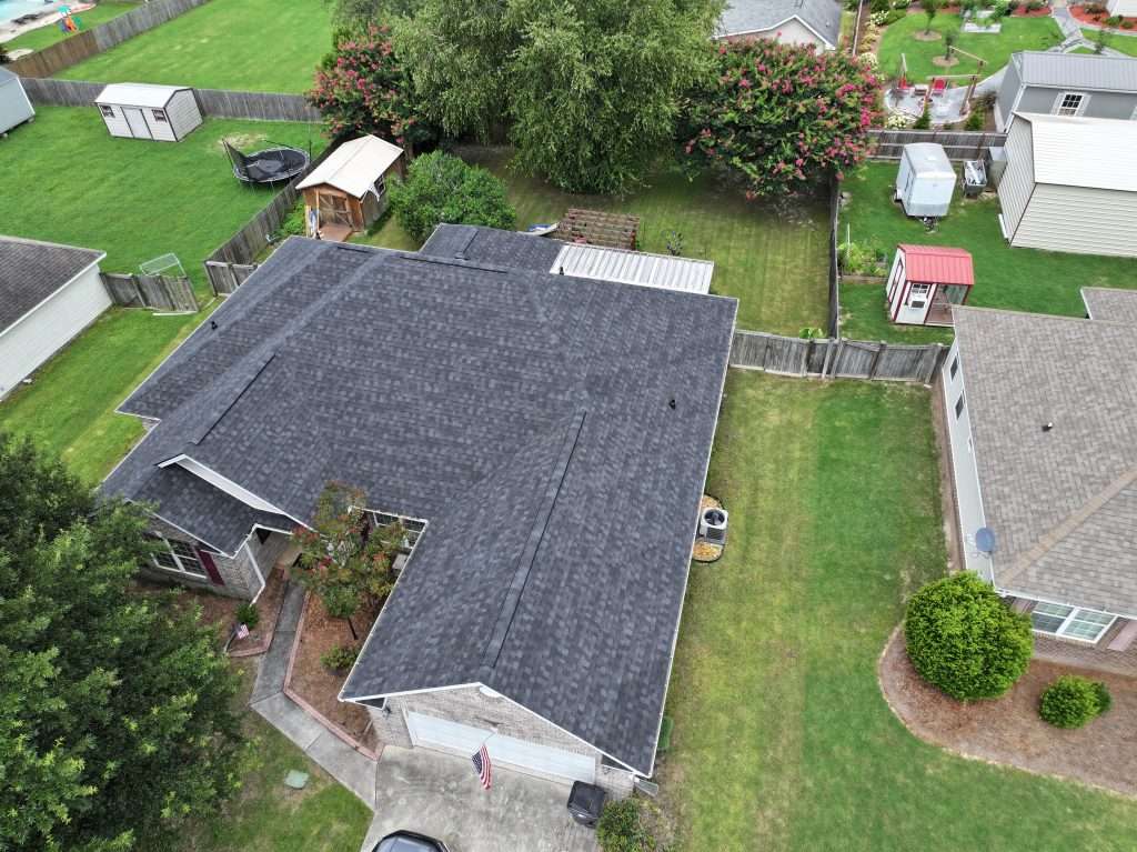 Aerial view of completed roof replacement in Warner Robins, GA by Ridgeback Roofing