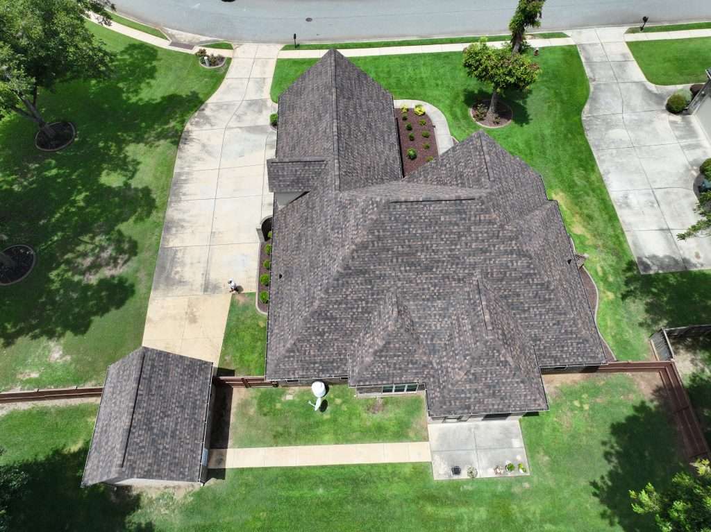 Aerial view of completed roof replacement in Warner Robins, GA by Ridgeback Roofing